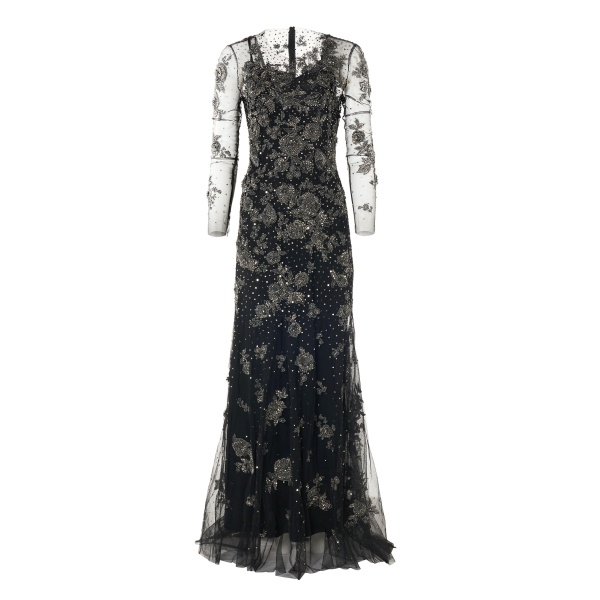 Carolina Herrera Trumpet Gown with Pewter Floral Embroidery