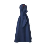 Carolina Herrera V-Neck Gown with Stand Collar and Self Belt in Navy
