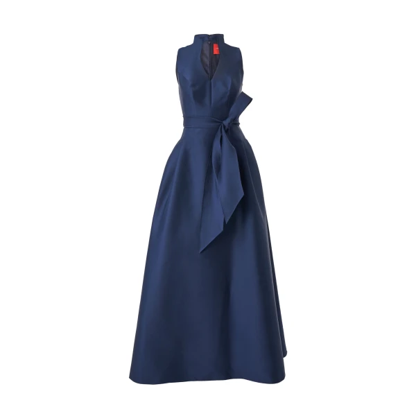 V-Neck Gown with Stand Collar and Self Belt in Navy