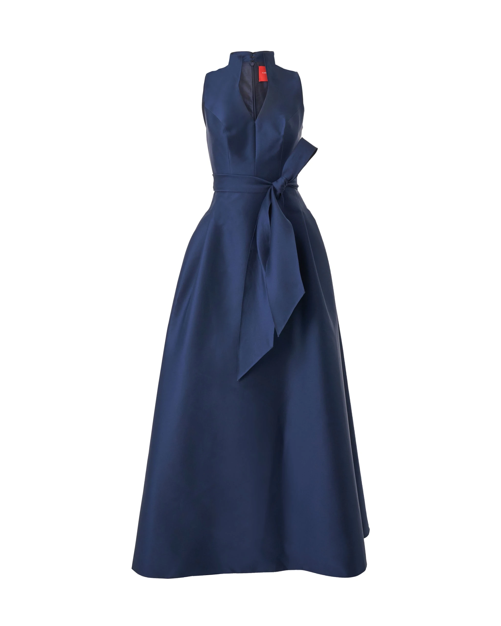 Carolina Herrera V-Neck Gown with Stand Collar and Self Belt in Navy | Dresses | Coveti Carolina Herrera V-Neck Gown with Stand Collar and Self Belt in Navy