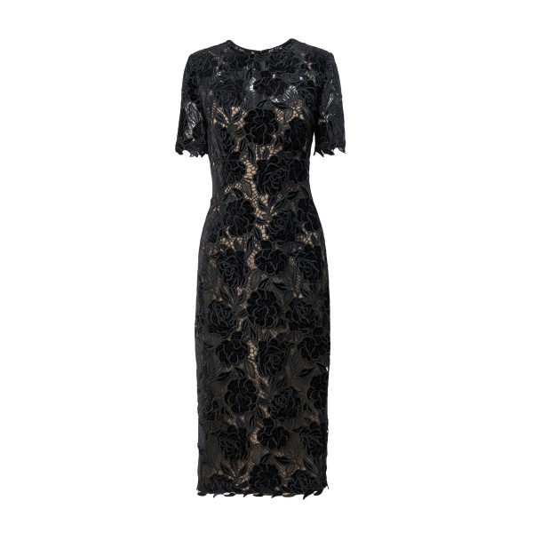 Carolina Herrera Velvet Rose Lace Knee-Length Dress in Black
