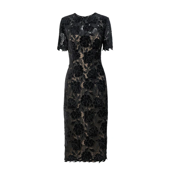 Velvet Rose Lace Knee-Length Dress in Black
