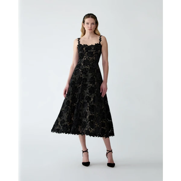 Carolina Herrera Velvet Rose Lace Midi Dress in Black, view 2