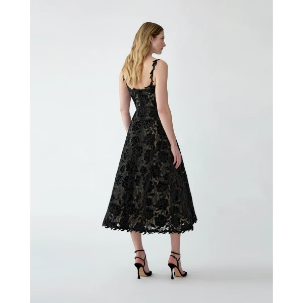 Carolina Herrera Velvet Rose Lace Midi Dress in Black, view 3