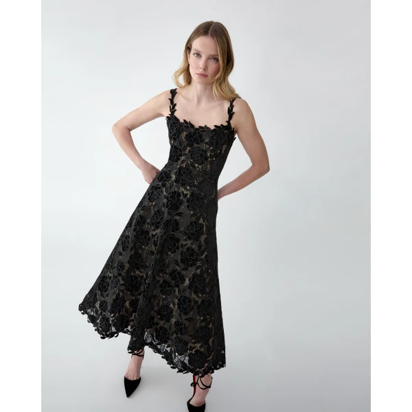 Carolina Herrera Velvet Rose Lace Midi Dress in Black, view 4