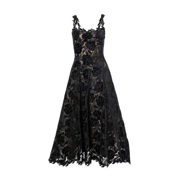 Carolina Herrera Velvet Rose Lace Midi Dress in Black