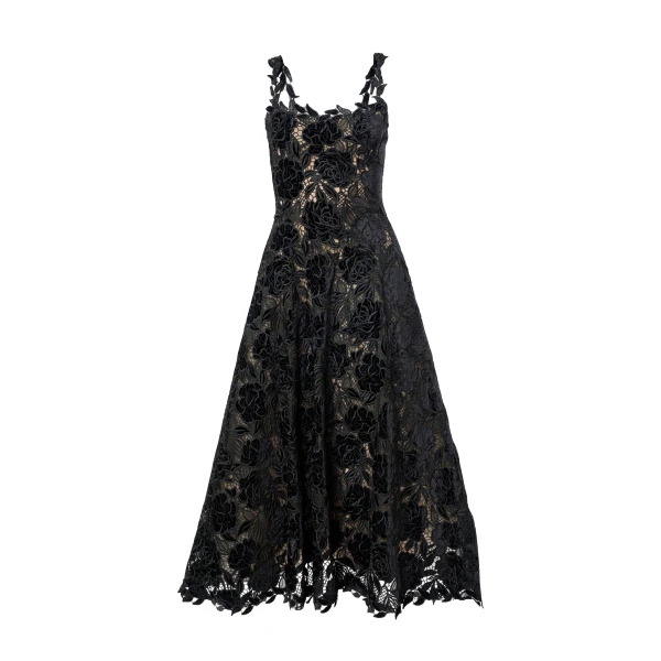 Velvet Rose Lace Midi Dress in Black