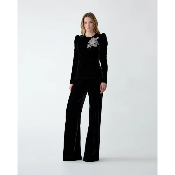 Carolina Herrera Wide-Leg Stretch Velvet Diane Pants in Black, view 2