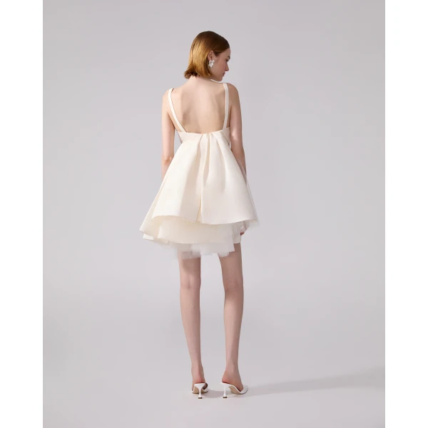 Carolina Herrera Wrap Bodice Mini Dress With Watteau in Ivory, view 3