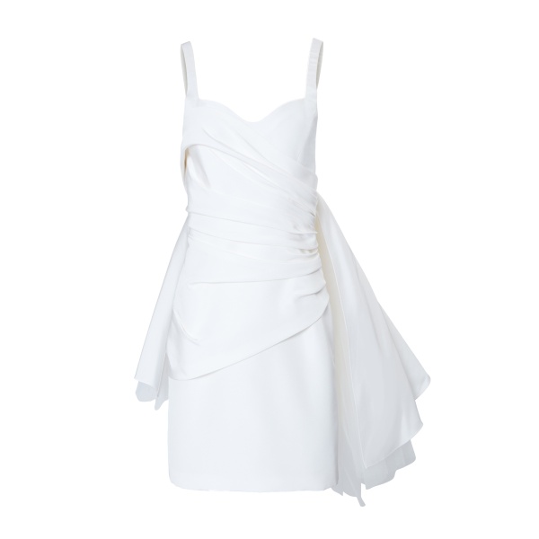 Carolina Herrera Wrap Bodice Mini Dress With Watteau in Ivory