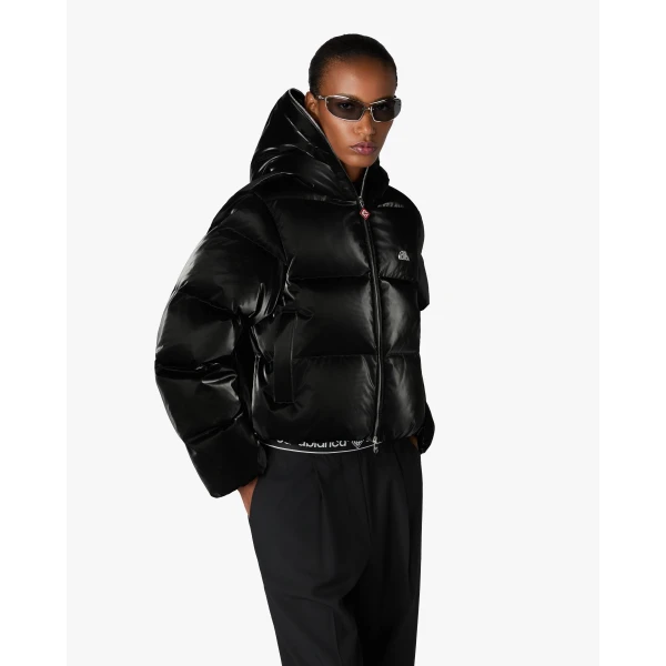 Casablanca Black Lacquered Cropped Nylon Puffer Down Jacket | Jackets | Coveti