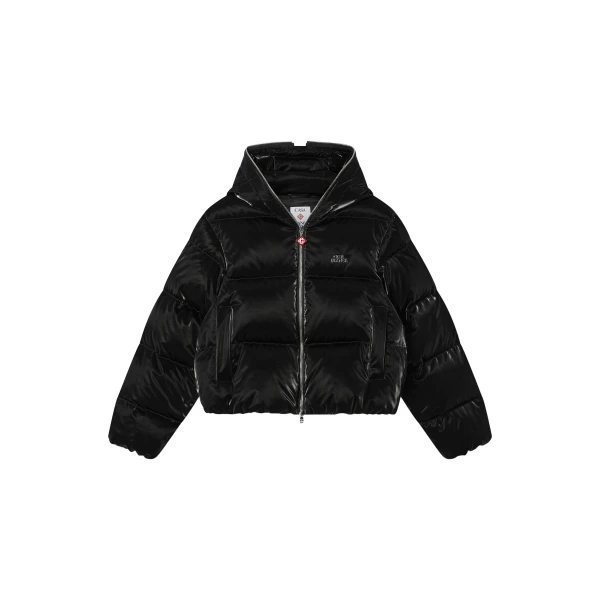 Black Lacquered Cropped Nylon Puffer Down Jacket