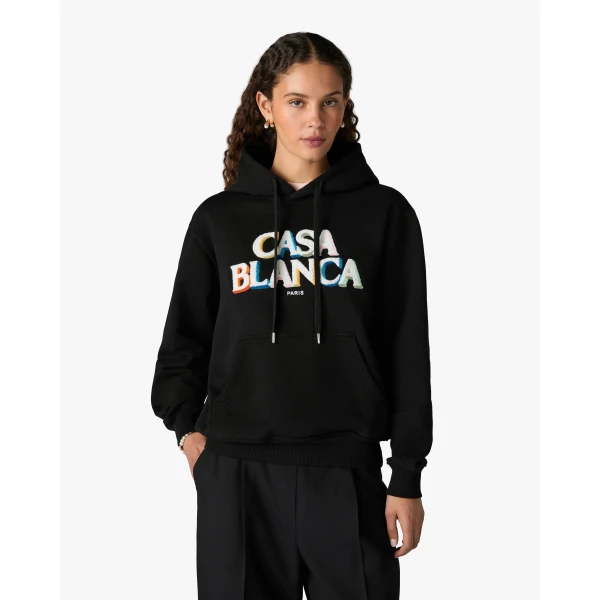 Casablanca Black Stacked Logo Embroidered Hooded Sweatshirt | Hoodies | Coveti