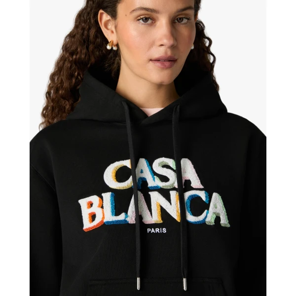 Casablanca Black Stacked Logo Embroidered Hooded Sweatshirt | Hoodies | Coveti