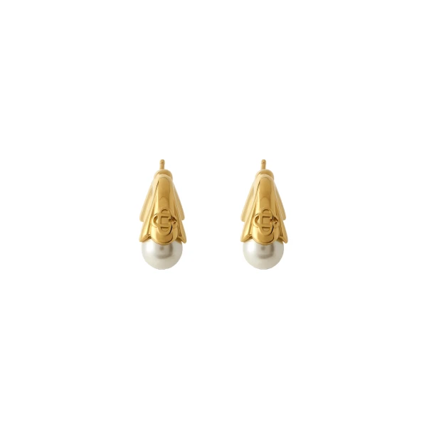 Gold & White Double Lotus Pearl Earrings