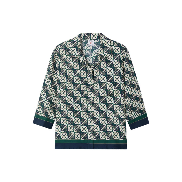 Casablanca Green & Navy Check Monogram Pyjama Long Sleeve Silk Shirt | Shirt | Coveti