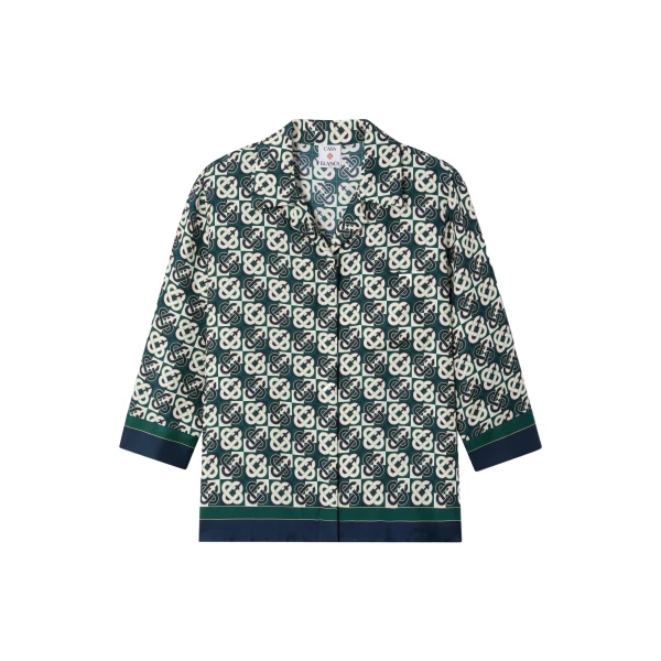 Green & Navy Check Monogram Pyjama Long Sleeve Silk Shirt