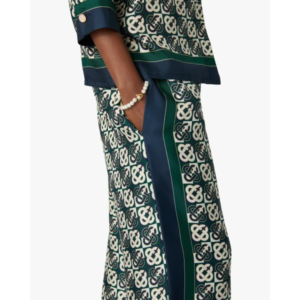 Casablanca Green & Navy Check Monogram Silk Trousers | Pants | Coveti