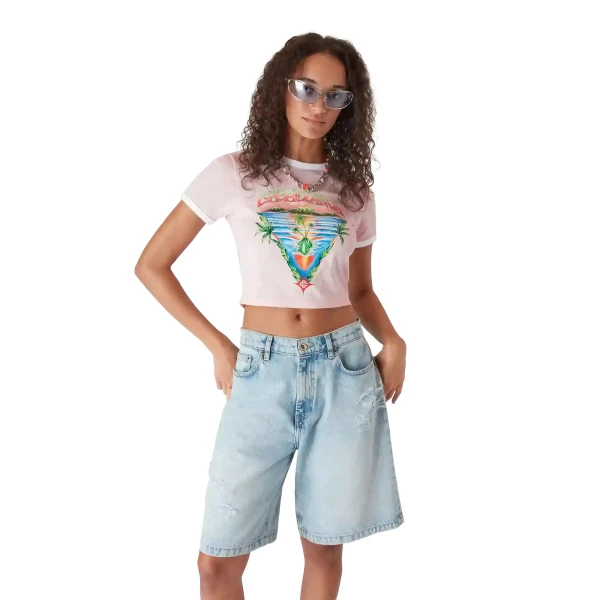 Casablanca Pink Innocence Triangle Cropped Baby Short Sleeve T-Shirt | T-Shirt | Coveti