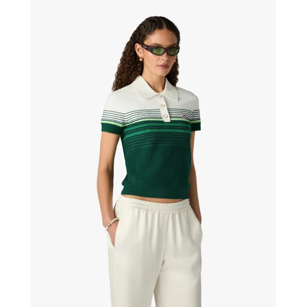Casablanca White & Green Boucle Stripe Short Sleeve Polo Shirt | Polo Shirt | Coveti