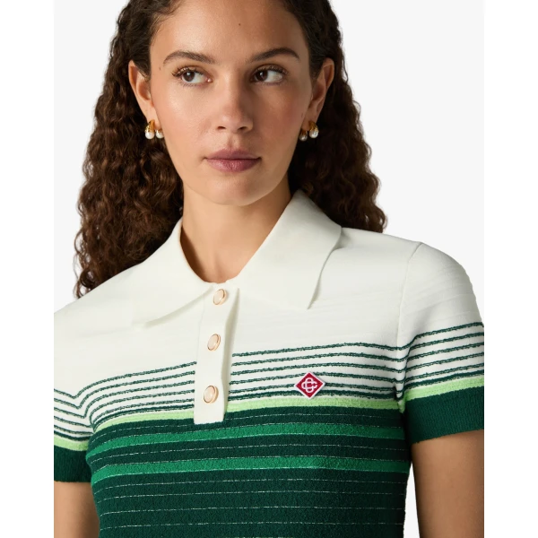 Casablanca White & Green Boucle Stripe Short Sleeve Polo Shirt | Polo Shirt | Coveti