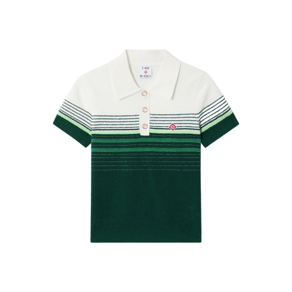Casablanca White & Green Boucle Stripe Short Sleeve Polo Shirt | Polo Shirt | Coveti