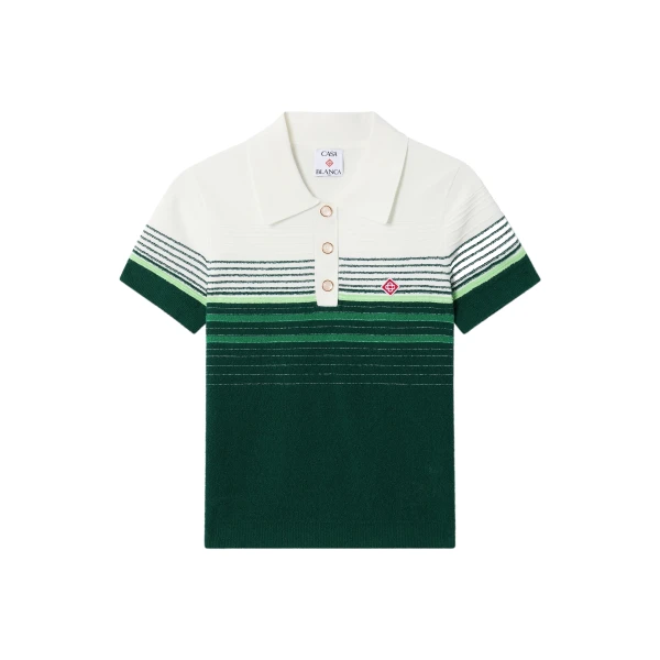 White & Green Boucle Stripe Short Sleeve Polo Shirt