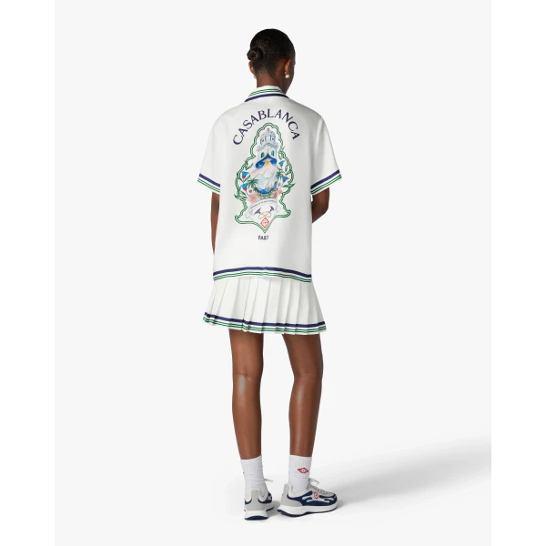 Casablanca White Hotel Emblem Pleated Mini Silk Skirt | Pleated Skirts | Coveti