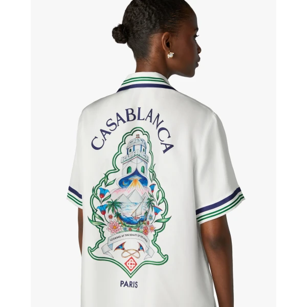 Casablanca White Hotel Emblem Short Sleeve Silk Shirt | Shirt | Coveti