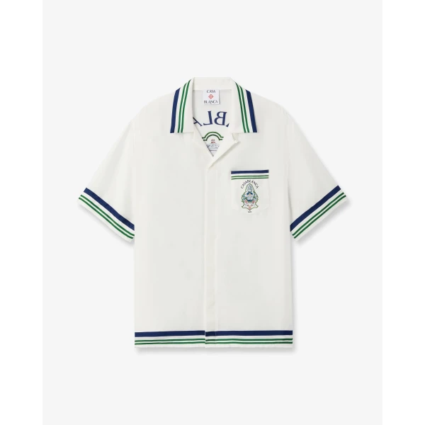 Casablanca White Hotel Emblem Short Sleeve Silk Shirt | Shirt | Coveti