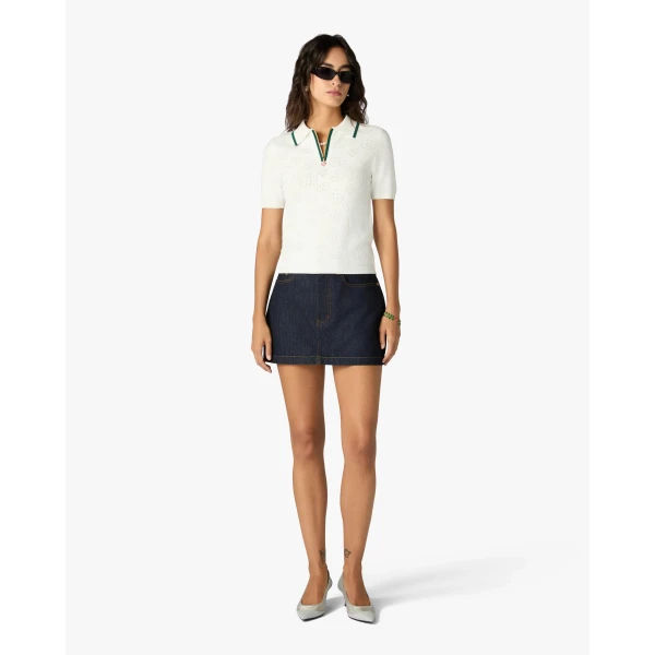 Casablanca White Pointelle Monogram Short Sleeve Cropped Polo Shirt | Polo Shirt | Coveti