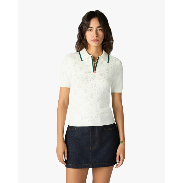 Casablanca White Pointelle Monogram Short Sleeve Cropped Polo Shirt | Polo Shirt | Coveti