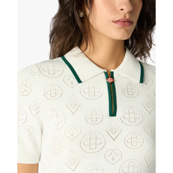Casablanca White Pointelle Monogram Short Sleeve Cropped Polo Shirt | Polo Shirt | Coveti