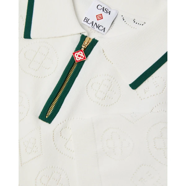 Casablanca White Pointelle Monogram Short Sleeve Cropped Polo Shirt | Polo Shirt | Coveti