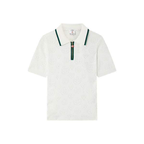 Casablanca White Pointelle Monogram Short Sleeve Cropped Polo Shirt | Polo Shirt | Coveti