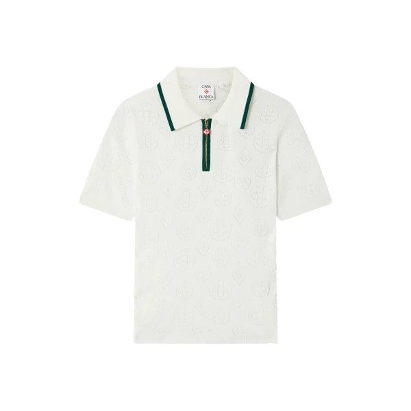 Casablanca White Pointelle Monogram Short Sleeve Cropped Polo Shirt | Polo Shirt | Coveti