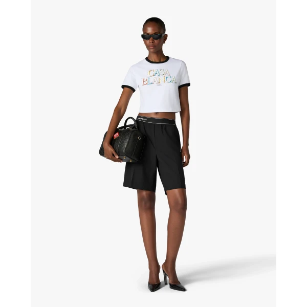 Casablanca White Stacked Logo Cropped Baby Short Sleeve T-Shirt | T-Shirt | Coveti