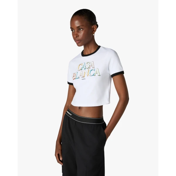 Casablanca White Stacked Logo Cropped Baby Short Sleeve T-Shirt | T-Shirt | Coveti