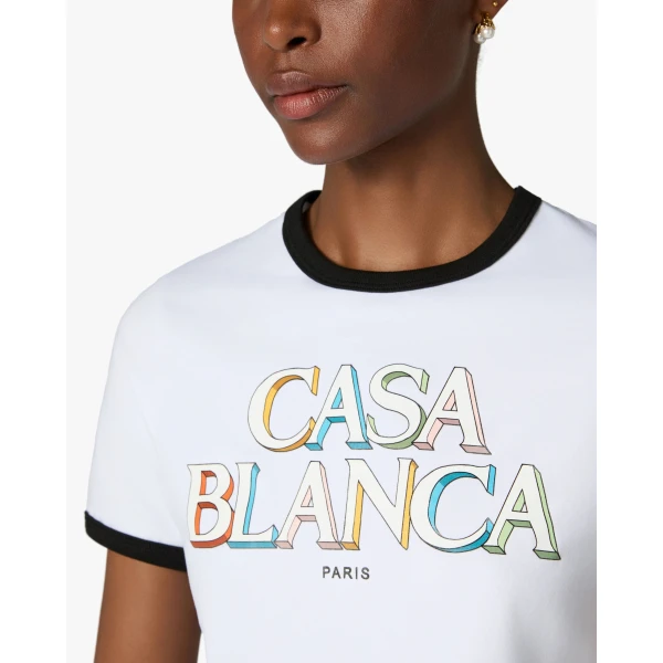 Casablanca White Stacked Logo Cropped Baby Short Sleeve T-Shirt | T-Shirt | Coveti