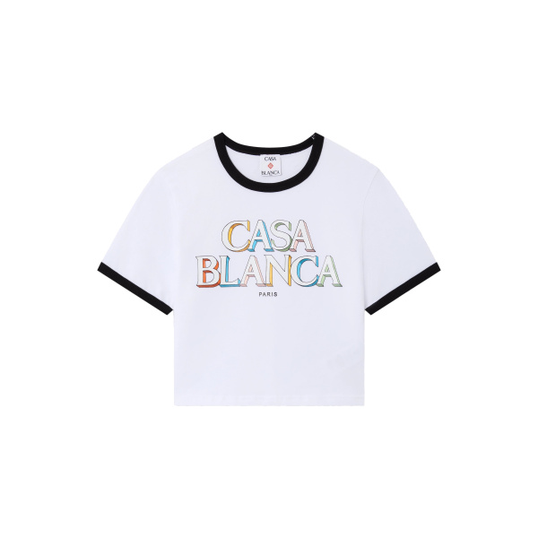 Casablanca White Stacked Logo Cropped Baby Short Sleeve T-Shirt | T-Shirt | Coveti