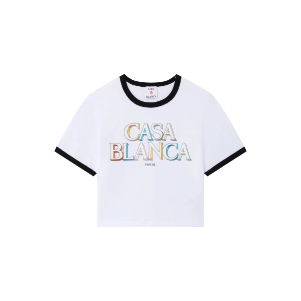 Casablanca White Stacked Logo Cropped Baby Short Sleeve T-Shirt | T-Shirt | Coveti