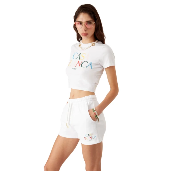 Casablanca White Stacked Logo Cropped Short Sleeve T-Shirt | T-Shirt | Coveti