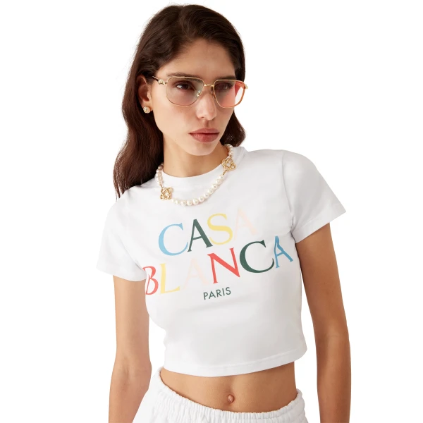 Casablanca White Stacked Logo Cropped Short Sleeve T-Shirt | T-Shirt | Coveti
