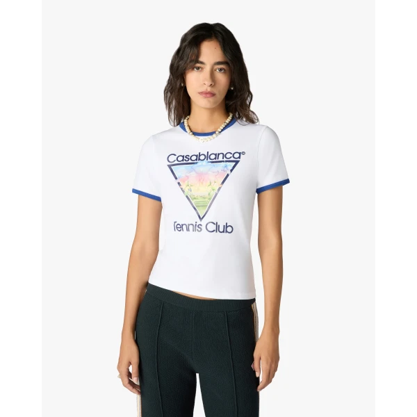 Casablanca White Tennis Club Icon Cropped Ringer Short Sleeve T-Shirt | T-Shirt | Coveti