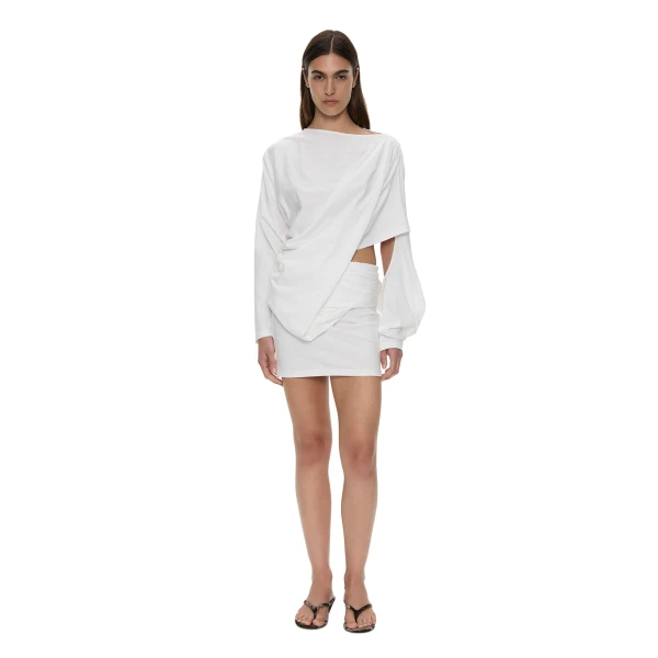 Christopher Esber Aiba Draped Cotton Jersey Long Sleeve Dress in White | Mini Dresses | Coveti