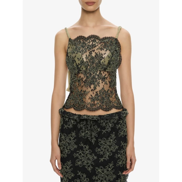 Christopher Esber Aluna Lace Draped Top in Fennel Charcoal | Tops | Coveti