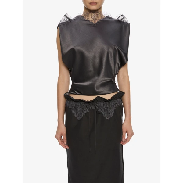 Christopher Esber Anais Sateen Lace Top in Dark Smoke | Tops | Coveti