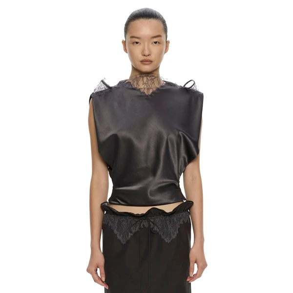 Christopher Esber Anais Sateen Lace Top in Dark Smoke | Tops | Coveti
