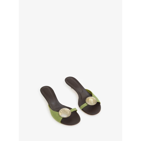 Christopher Esber Aura Quartz Suede Kitten Mule in Dypsis Green Carob | Mules | Coveti