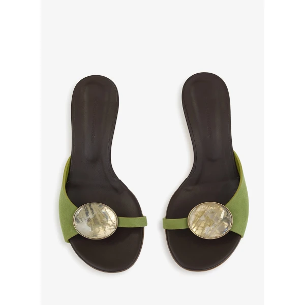 Christopher Esber Aura Quartz Suede Kitten Mule in Dypsis Green Carob | Mules | Coveti